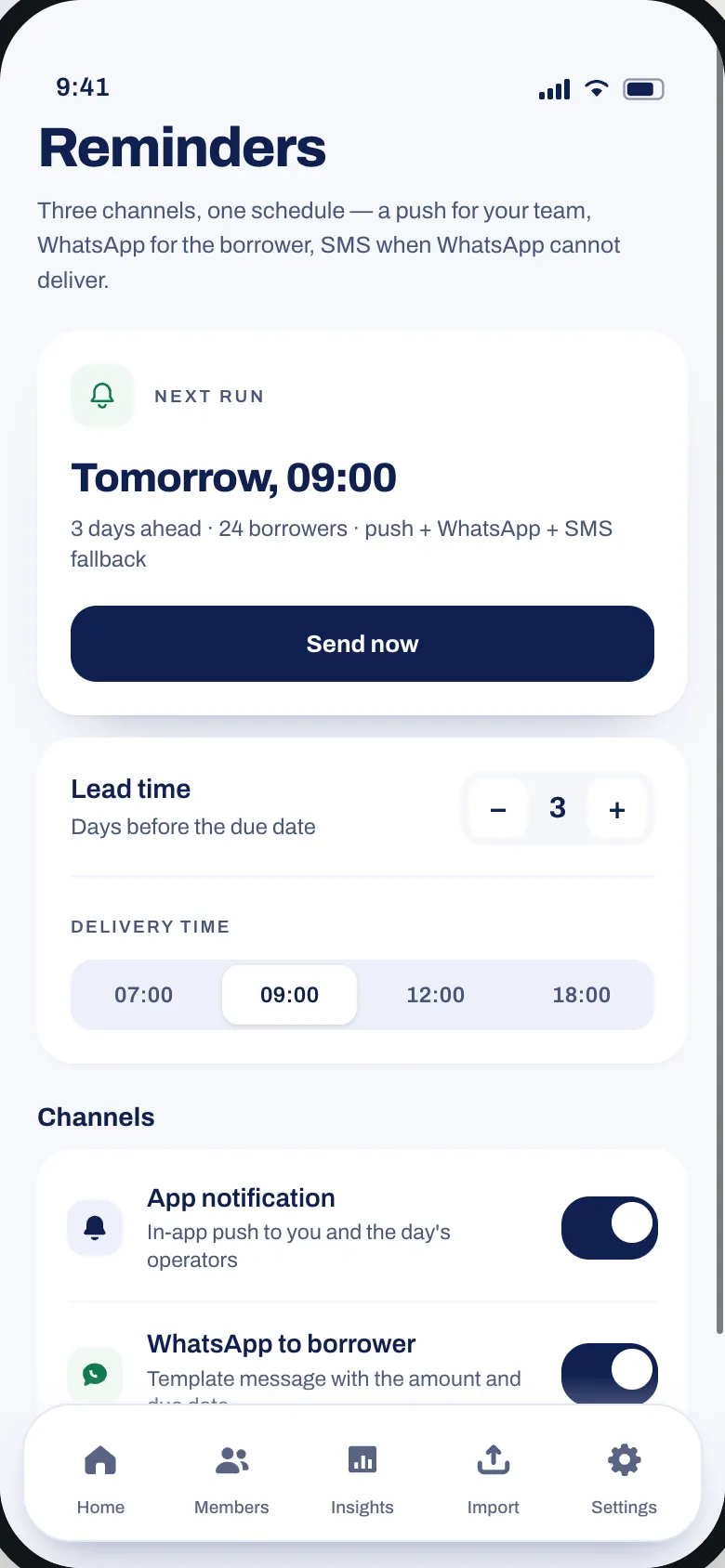 Reminder settings: lead time, delivery time and channels